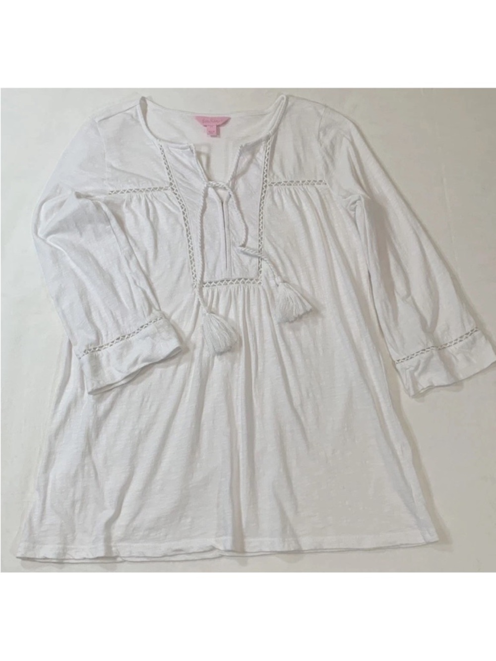 Lilly Pulitzer White Boho Peasant Tunic XS Tassel Tie Neck Resort Top - Picture 5 of 13